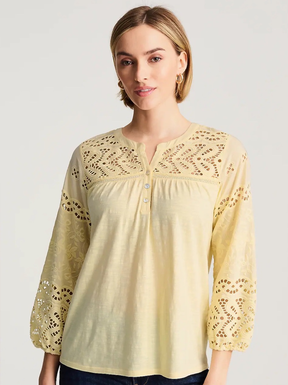 j.jill women’s yellow mixed media eyelet Henley top-size large NWOT - Picture 2 of 8